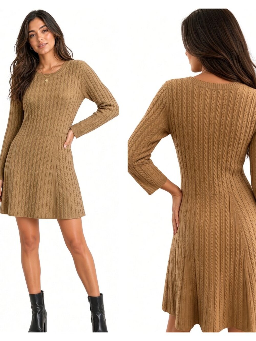 Issa London Y2K Vintage Cable Knit Fit Flare Mini Sweater Dress Camel Tan Camel